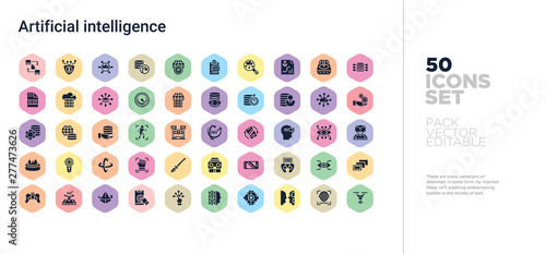 50 artificial intelligence vector icons set in a colorful hexagon buttons