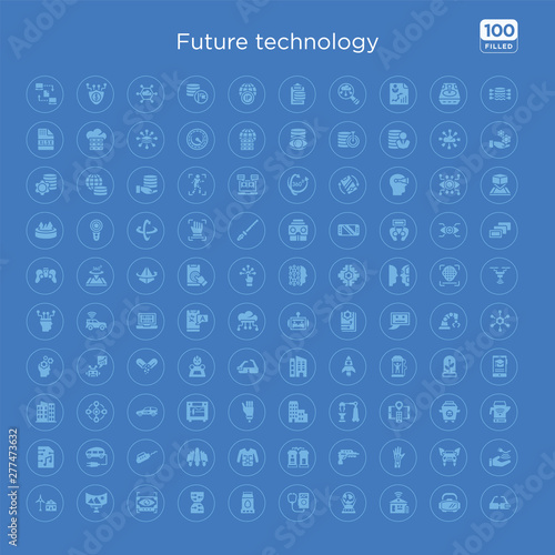 100 blue round future technology vector icons set such as telekinesis, flying car, wi gloves, blaster, teleportation, smart clothing, jetpack, chainsaw.