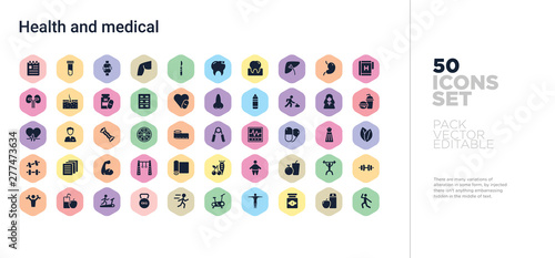 50 health and medical vector icons set in a colorful hexagon buttons