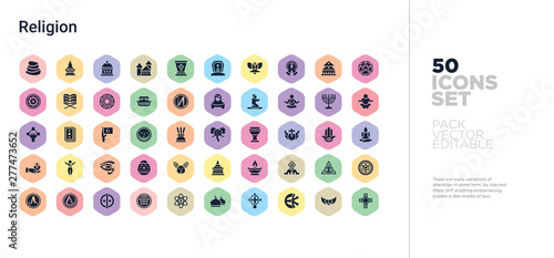 50 religion vector icons set in a colorful hexagon buttons