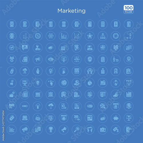 100 blue round marketing vector icons set such as web shop, pig bank, sale, shop, eticket, velocity test, web graphic, open.