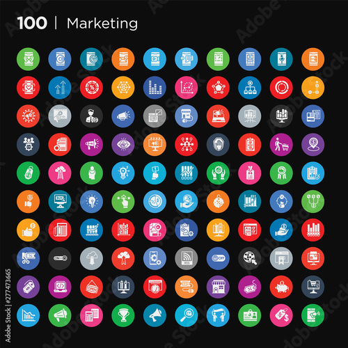 100 round colorful marketing vector icons set such as lowering graph, web shop, pig bank, sale, shop, eticket, velocity test, web graphic