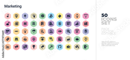 50 marketing vector icons set in a colorful hexagon buttons