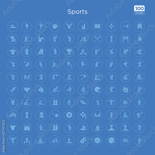 100 blue round sports vector icons set such as marathon champion, number one athlete, podium with cup, man windsurfing, boxer with belt, man award, long socks, skiing.