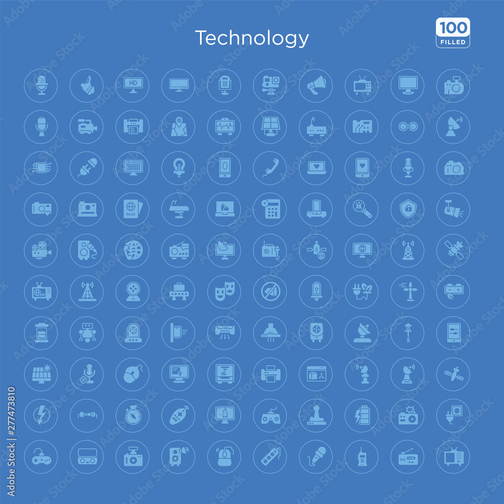100 blue round technology vector icons set such as power plug, photo camera flash, vertical battery with three bars, big joystick, gamepad with cable, computer screen linux, television remote