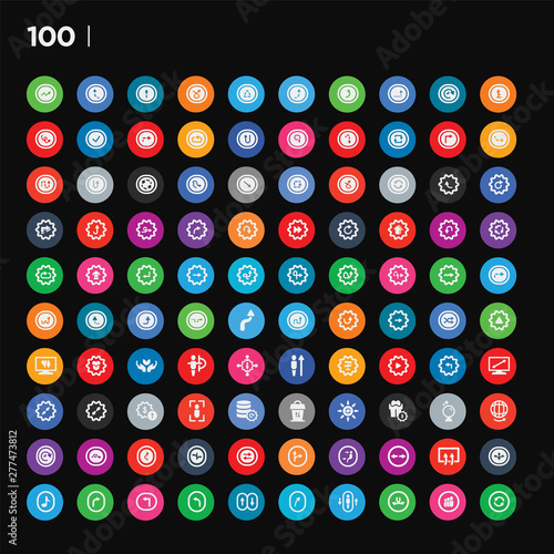 100 round colorful ui vector icons set such as musical  three arrows  rear window defrost  turn  air outlet  deviation arrows  two arrows pointing right and left  bifurcation