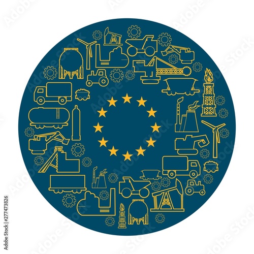 Concept of industrial plant and manufacture building. Energy generation and heavy industry. Brochure or cover design template. Circle frame with industrial thin line icons. Flag of the European Union