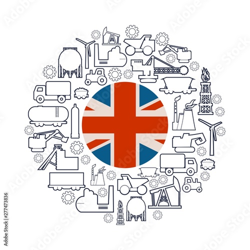 Concept of industrial plant and manufacture building. Energy generation and heavy industry. Brochure or cover design template. Circle frame with industrial thin line icons. Flag of the United Kingdom