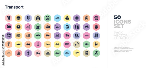 50 transport vector icons set in a colorful hexagon buttons
