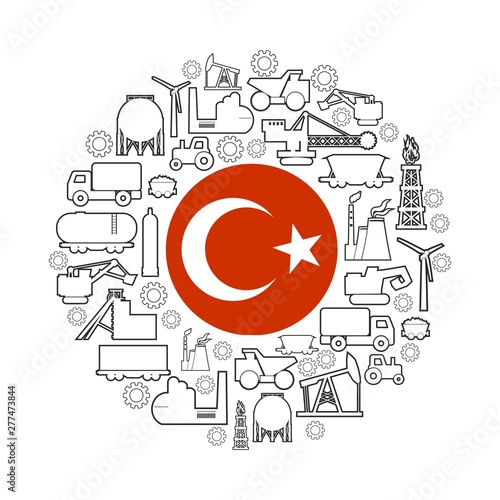 Concept of industrial plant and manufacture building. Energy generation and heavy industry. Brochure or cover design template. Circle frame with industrial thin line icons. Flag of the Turkey