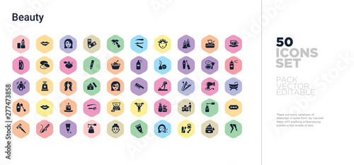 50 beauty vector icons set in a colorful hexagon buttons