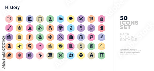 50 history vector icons set in a colorful hexagon buttons