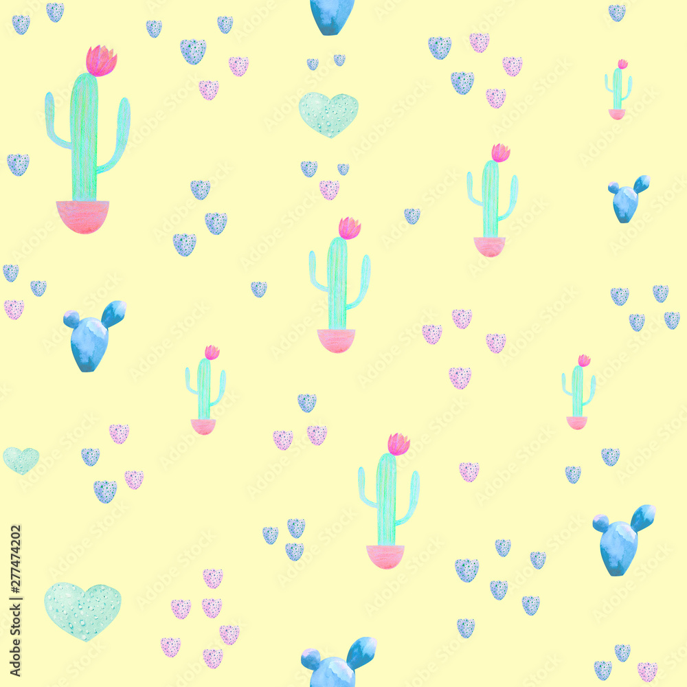 Hand-drawn cacti illustration in vintage collage style. Seamless pattern for textile, covers,  fabric.  