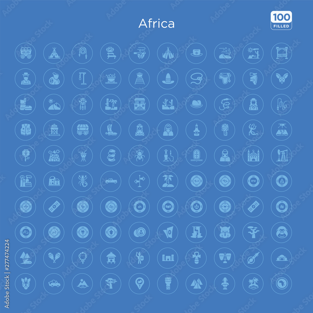 100 blue round africa vector icons set such as cradle of humankind, banjo, conga, ankh, apartheid museum, warrior, hut, pendant.