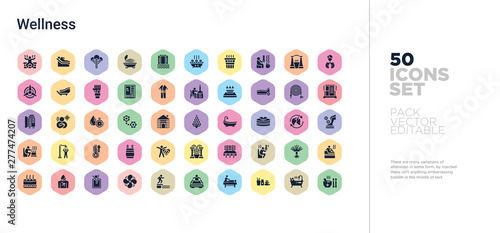 50 wellness vector icons set in a colorful hexagon buttons