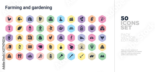 50 farming and gardening vector icons set in a colorful hexagon buttons