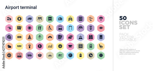 50 airport terminal vector icons set in a colorful hexagon buttons