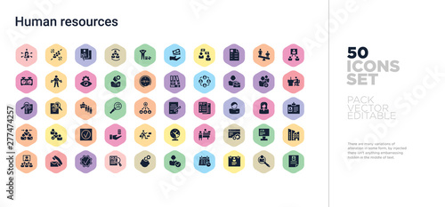 50 human resources vector icons set in a colorful hexagon buttons