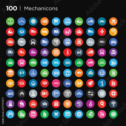 100 round colorful mechanicons vector icons set such as repairing car  changing car tire  car front in magnifier glass  cart wheel  tire change  repair wrenches  battery  brand new with dollar price
