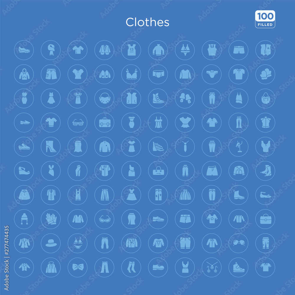 100 blue round clothes vector icons set such as jean, pilot sunglasses, formal shirt, chino shorts, long sleeves t shirt, leather biker jacket, slim fit pants, lingerine set.