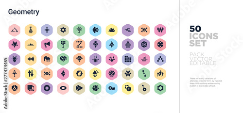 50 geometry vector icons set in a colorful hexagon buttons