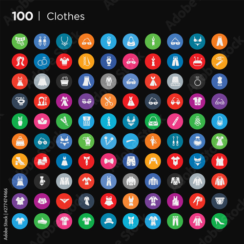 100 round colorful clothes vector icons set such as t shirt  briefs  stockings  tanktop  pyjamas  tracksuit  nightwear  kurta