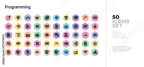 50 programming vector icons set in a colorful hexagon buttons