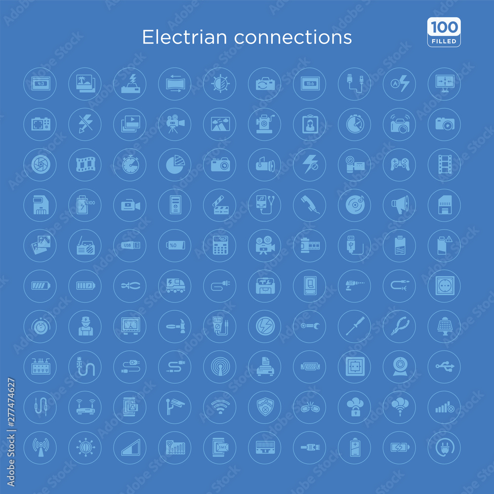 100 blue round electrian connections vector icons set such as no, cloud, security, broken, privacy, low, cctv, files and folders.