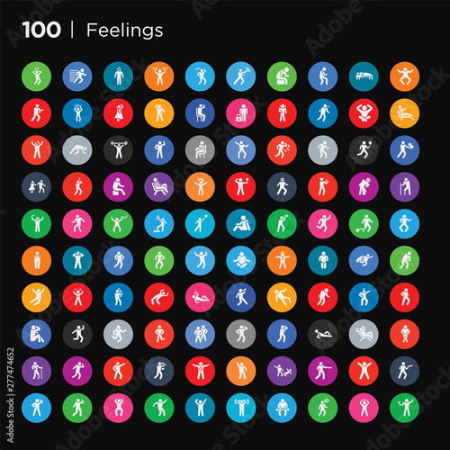 100 round colorful feelings vector icons set such as anxious human, terrible human, awesome human, awful bad beautiful better blah