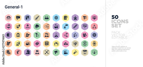 50 general-1 vector icons set in a colorful hexagon buttons