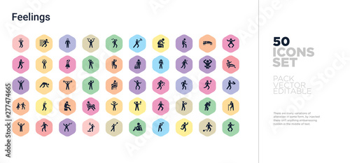 50 feelings vector icons set in a colorful hexagon buttons