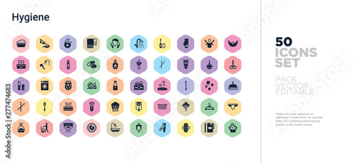50 hygiene vector icons set in a colorful hexagon buttons
