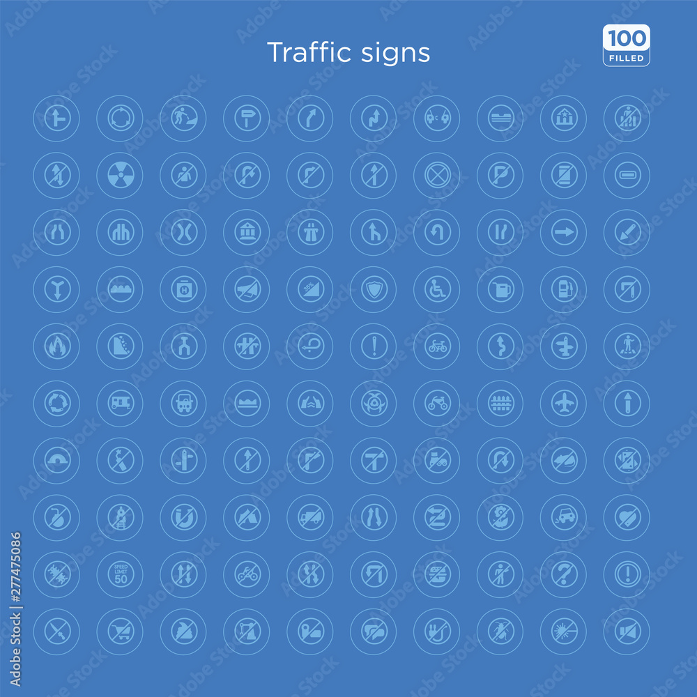 100 blue round traffic signs vector icons set such as  , no doubt, no children, no fast food, highway, straight, bicycle, two ways.