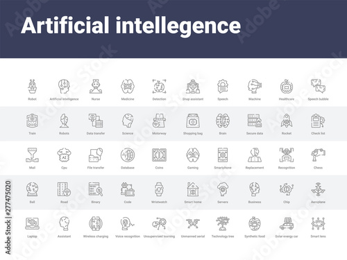 50 artificial intellegence set icons such as smart lens, solar energy car, synthetic food, technology tree, unmanned aerial vehicle, unsupervised learning, voice recognition, wireless charging,