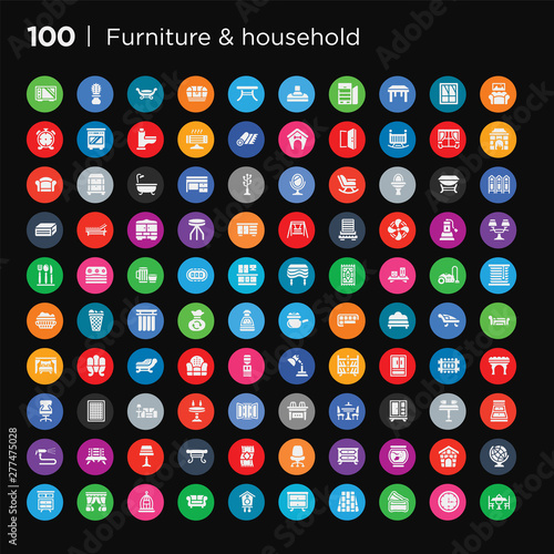 100 round colorful furniture & household vector icons set such as drawers, globe, pet house, fish bowl, nightstand, desk chair, rug, adornment