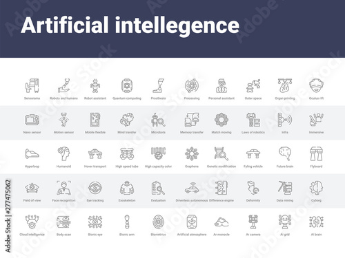 50 artificial intellegence set icons such as ai brain, ai grid, ar camera, ar monocle, artificial atmosphere, biometrics, bionic arm, bionic eye, body scan. simple modern vector icons can be use for
