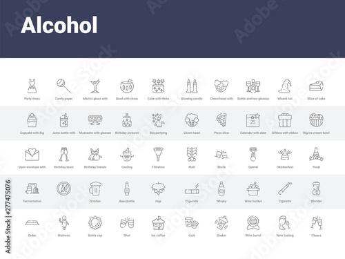 50 alcohol set icons such as cheers, wine tasting, wine barrel, shaker, cork, ice coffee, shot, bottle cap, waitress. simple modern vector icons can be use for web mobile