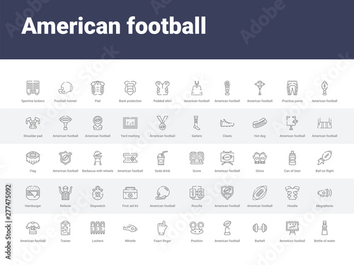 50 american football set icons such as bottle of water, american football strategy, barbell, american football cup, position, foam finger, whistle, lockers, trainer. simple modern vector icons can