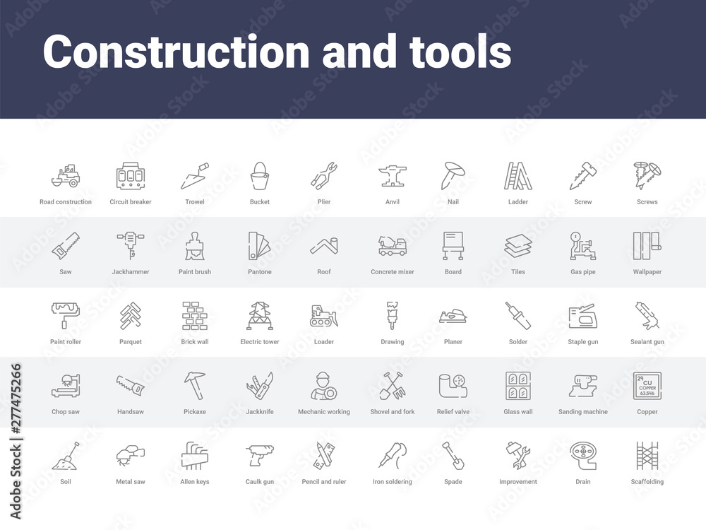 50 construction and tools set icons such as scaffolding, drain, improvement, spade, iron soldering, pencil and ruler, caulk gun, allen keys, metal saw. simple modern vector icons can be use for web
