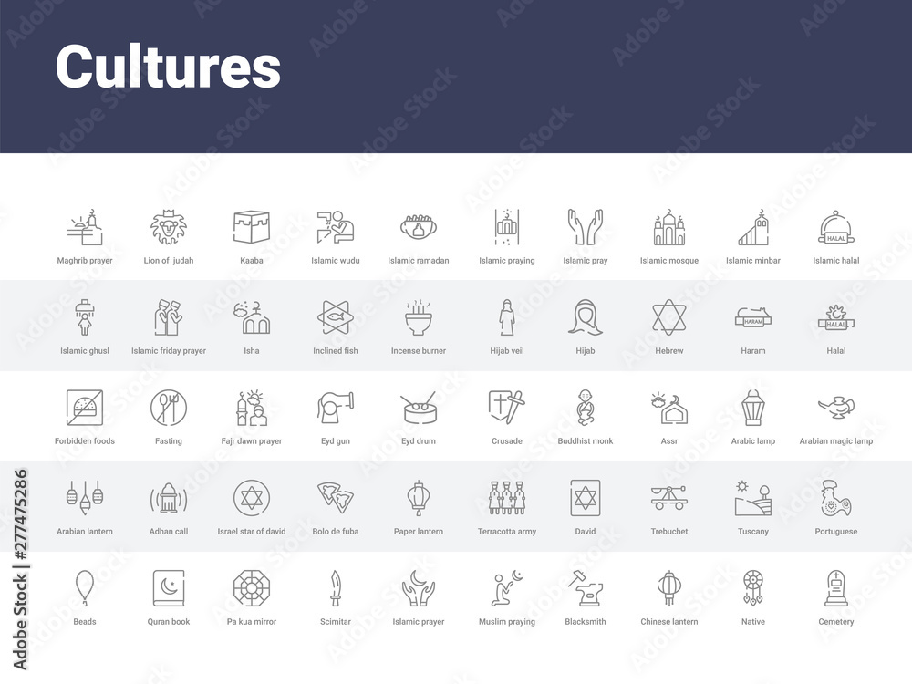 50 cultures set icons such as cemetery, native, chinese lantern, blacksmith, muslim praying, islamic prayer, scimitar, pa kua mirror, quran book. simple modern vector icons can be use for web mobile