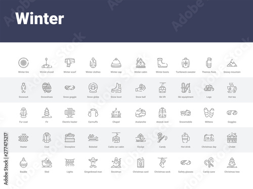 50 winter set icons such as christmas tree, candy cane, safety glasses, christmas sock, christmas card, snowman, gingerbread man, lights, sled. simple modern vector icons can be use for web mobile