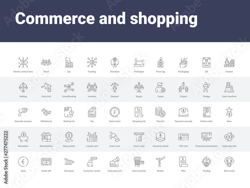 50 commerce and shopping set icons such as rich smile, trading, bills, broker, card machine, card payment, customer review, decrease, dollar bill. simple modern vector icons can be use for web