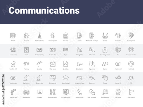 50 communications set icons such as flag waving, ink bottle, digital phone, chat message, broadcasting, live news report, constructivism, i love you, news anchor. simple modern vector icons can be