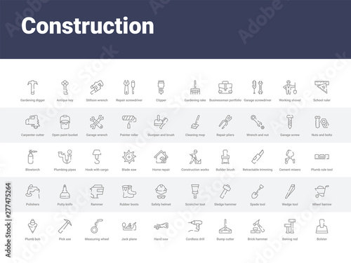 50 construction set icons such as bolster, boning rod, brick hammer, bump cutter, cordless drill, hand saw, jack plane, measuring wheel, pick axe. simple modern vector icons can be use for web