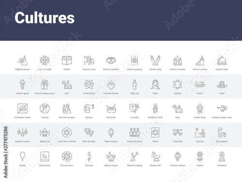 50 cultures set icons such as cemetery, native, chinese lantern, blacksmith, muslim praying, islamic prayer, scimitar, pa kua mirror, quran book. simple modern vector icons can be use for web mobile