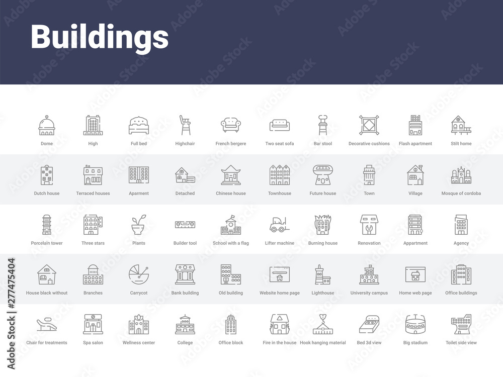 50 buildings set icons such as toilet side view, big stadium, bed 3d view, hook hanging material, fire in the house, office block, college, wellness center, spa salon. simple modern vector icons can