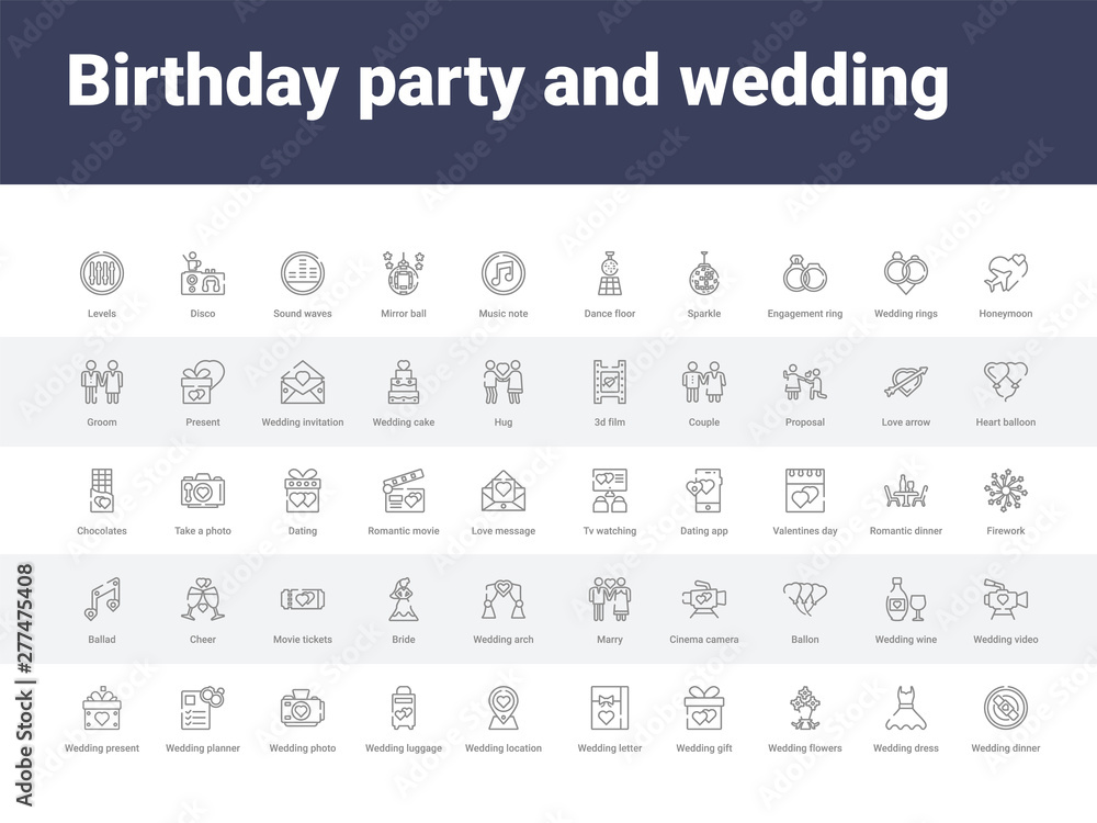 50 birthday party and wedding set icons such as wedding dinner, wedding dress, flowers, gift, letter, location, luggage, photo, planner. simple modern vector icons can be use for web mobile