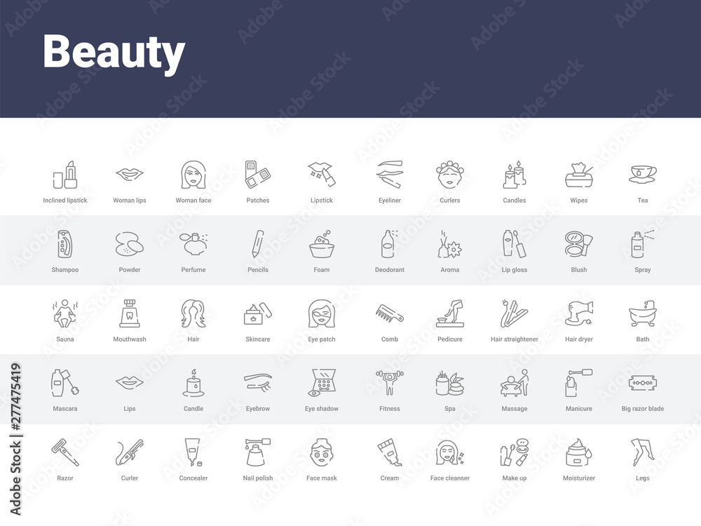 50 beauty set icons such as legs, moisturizer, make up, face cleanser, cream, face mask, nail polish, concealer, curler. simple modern vector icons can be use for web mobile