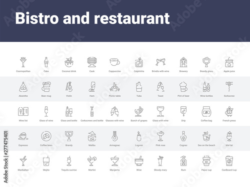 50 bistro and restaurant set icons such as cardboard cup, paper cup, rum, bloody mary, wine, margarita, martini, tequila sunrise, mojito. simple modern vector icons can be use for web mobile
