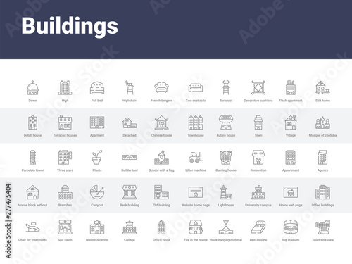 50 buildings set icons such as toilet side view, big stadium, bed 3d view, hook hanging material, fire in the house, office block, college, wellness center, spa salon. simple modern vector icons can